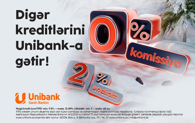 “Unibank”dan Yeni ilin ilk kredit kampaniyası: 0 % komissiya və faizlərə endirim!