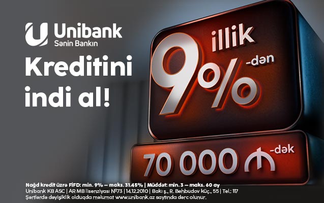 “Unibank”dan yeni qərar: nağd kreditlər 9%-dən, maksimal məbləğ 70 000 manat
